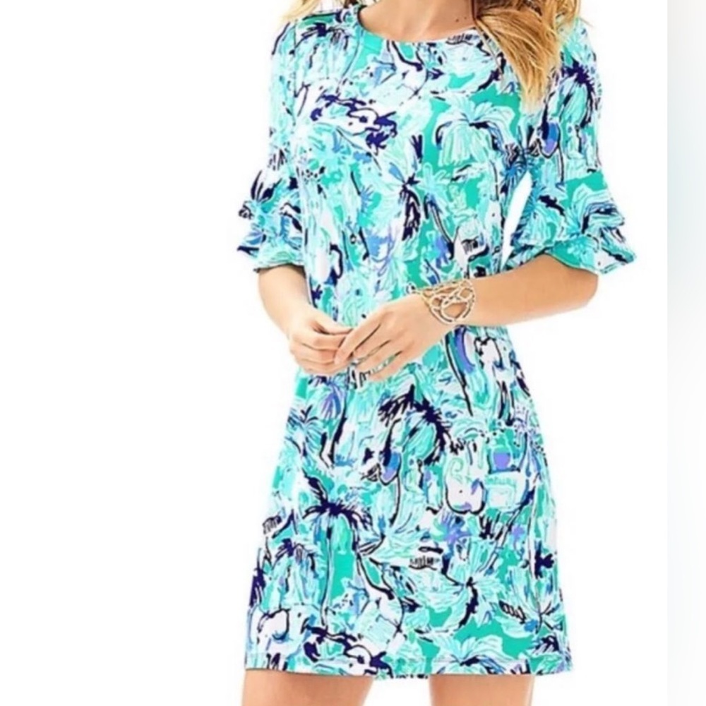 Lilly Pulitzer Lula Dress Blue Elephant Appeal Shift Ruffle Sleeves Size Small